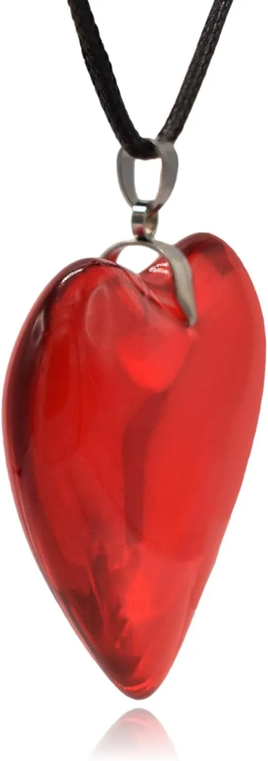 Large Red Semi-Transparent Solid Glass Heart Pendant Necklace