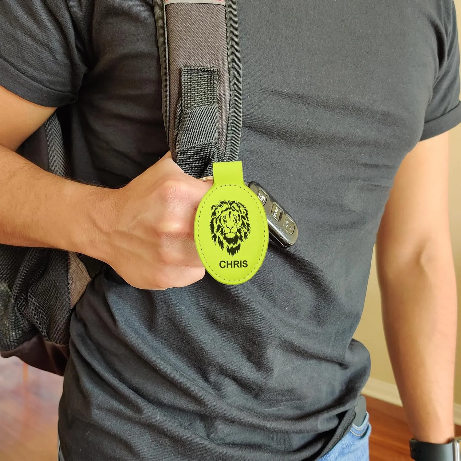 LaserGram Oval Keychain, Off Road Racer, Personalized Engraving Included (Neon Green)