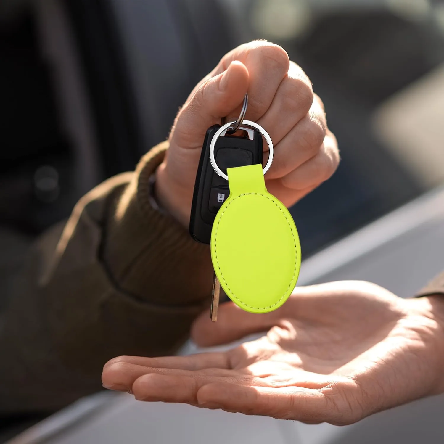 LaserGram Oval Keychain, Off Road Racer, Personalized Engraving Included (Neon Green)