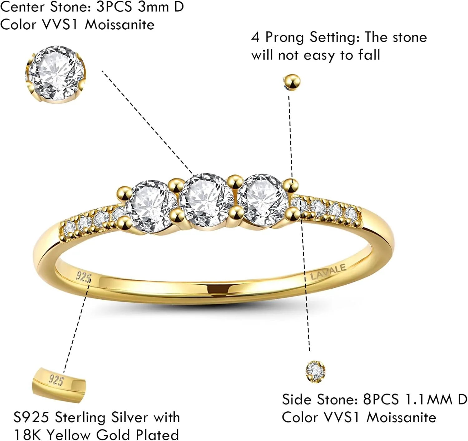 LAVALE Round Cut Moissanite Wedding Band for Women, Brilliant D Color VVS1 Clarity Classic Lab Created Diamond Solitaire Ring 18K White Yellow Rose Gold Vermeil 4 Claw Knife Edge Moissanite Rings