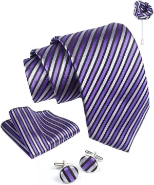 Lavender Striped Ties For Men  Tie Set With Pocket Square Cufflinks Tie Clip Bar & Flower Brooch Pin For Mens (Pack of 5) (AXTS68)