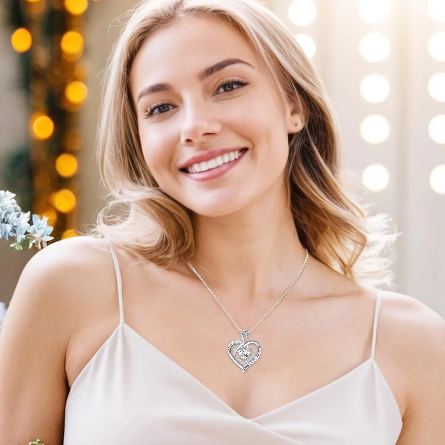 LAVUMO Moissanite Necklace Women Silver 925, 1 Carat Moissanite Diamond Double Heart Rose Pendant Christmas Valentines Day Birthday Jewelry Gifts for Women Girlfriend Mom