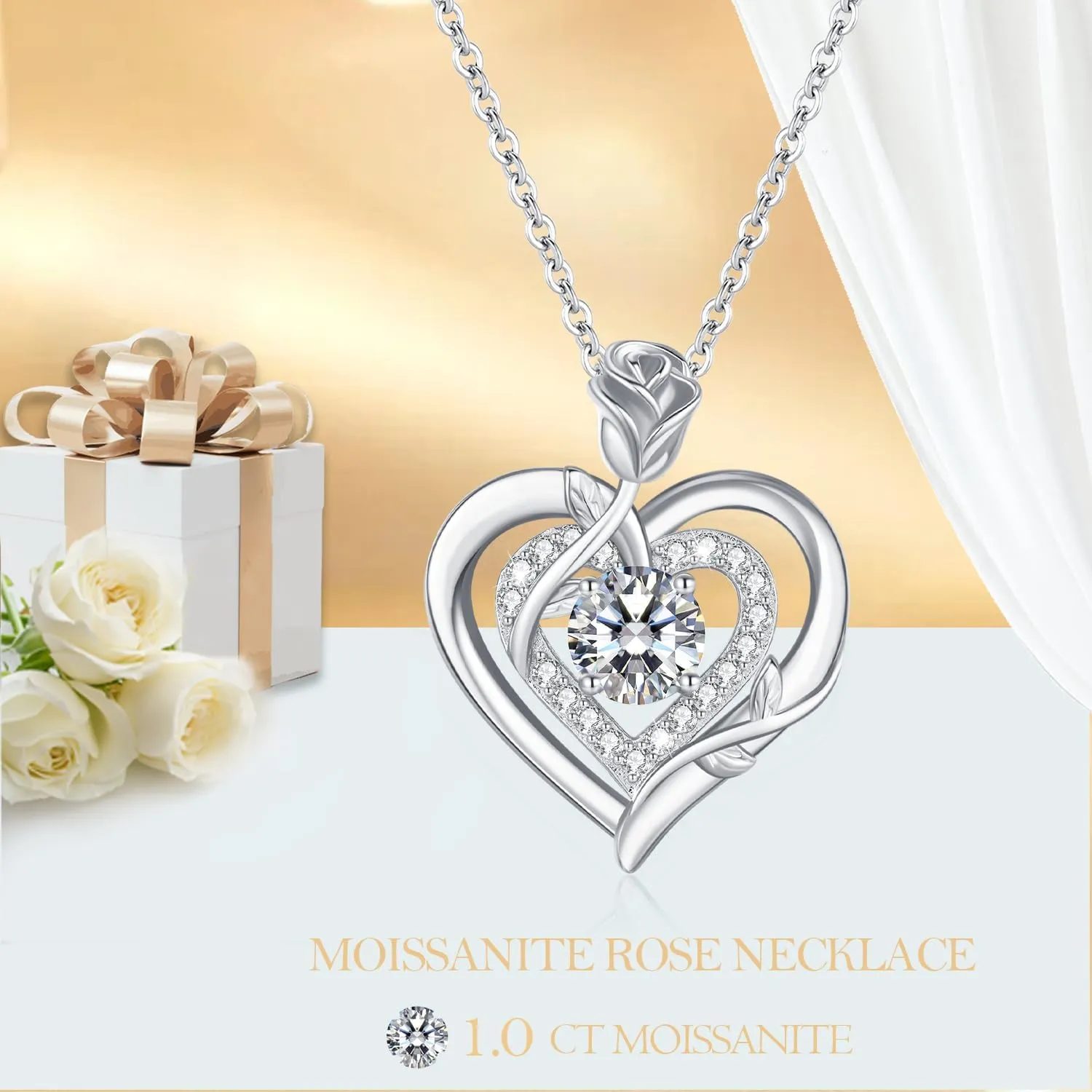 LAVUMO Moissanite Necklace Women Silver 925, 1 Carat Moissanite Diamond Double Heart Rose Pendant Christmas Valentines Day Birthday Jewelry Gifts for Women Girlfriend Mom