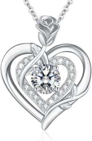 LAVUMO Moissanite Necklace Women Silver 925, 1 Carat Moissanite Diamond Double Heart Rose Pendant Christmas Valentines Day Birthday Jewelry Gifts for Women Girlfriend Mom