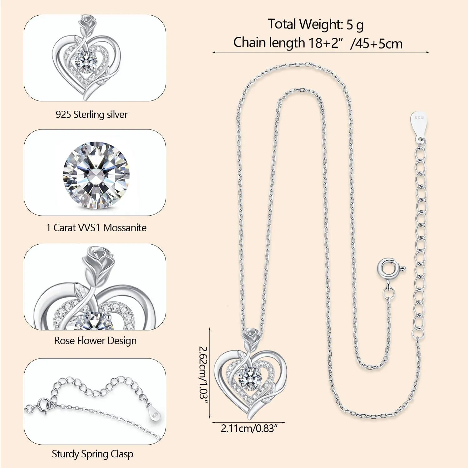 LAVUMO Moissanite Necklace Women Silver 925, 1 Carat Moissanite Diamond Double Heart Rose Pendant Christmas Valentines Day Birthday Jewelry Gifts for Women Girlfriend Mom