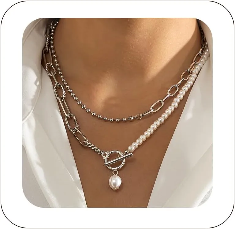 Layered Paperclip Chain Necklace Dainty Gold Toggle Necklace Pearl Pendant Necklace Vintage Long Pearl Necklaces for Women Girls