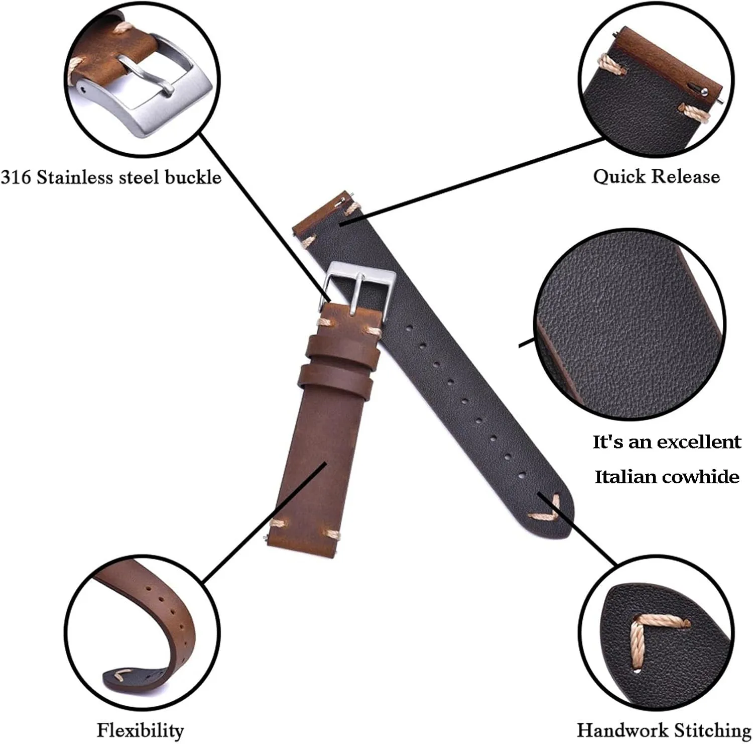 Leather Watch Bands Quick Release Top Grain Leather Watch Strap 19mm 20mm 21mm 22mm Vintage Crazy Horse Oiled Handmade Genuine Leather Strap Universal Replacement Band for Men Women