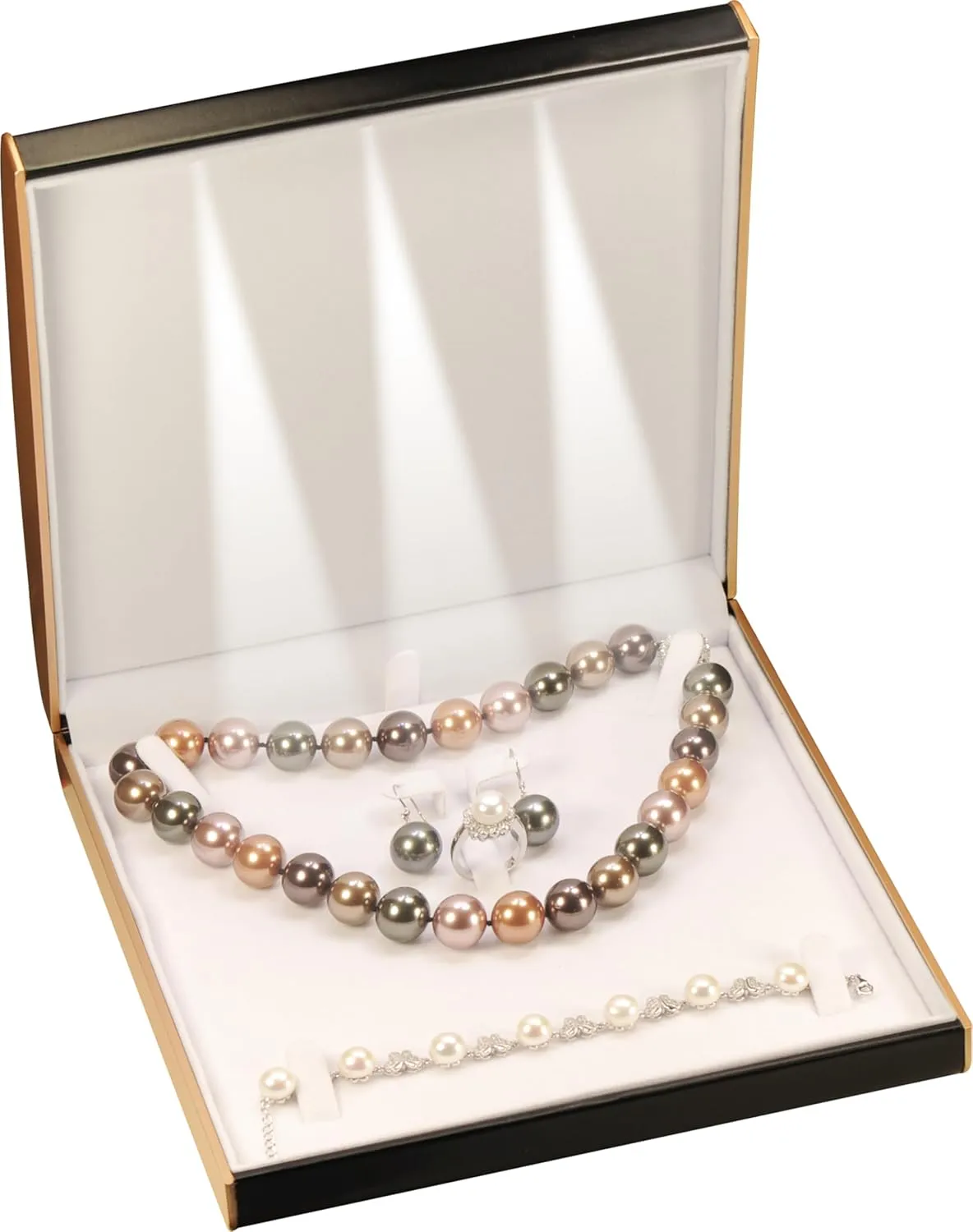 LED Black Extra Large Necklace Pendant Earrings Ring Bracelet Box Luxury PU Leather Dome Top Designed with Gold Color Painted on the Sides Big Jewelry Sets Gift Holder Box with Light for Men for Women