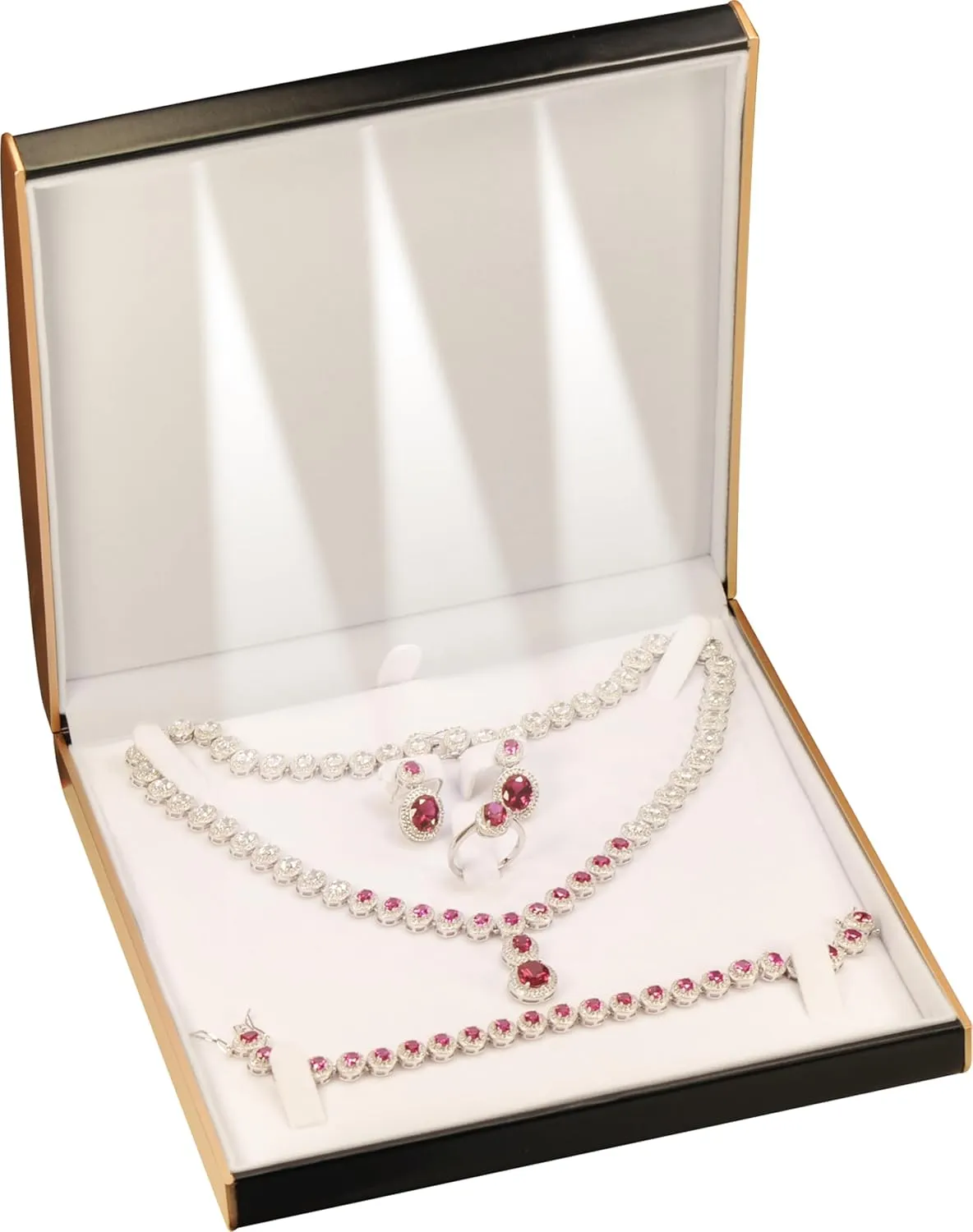 LED Black Extra Large Necklace Pendant Earrings Ring Bracelet Box Luxury PU Leather Dome Top Designed with Gold Color Painted on the Sides Big Jewelry Sets Gift Holder Box with Light for Men for Women