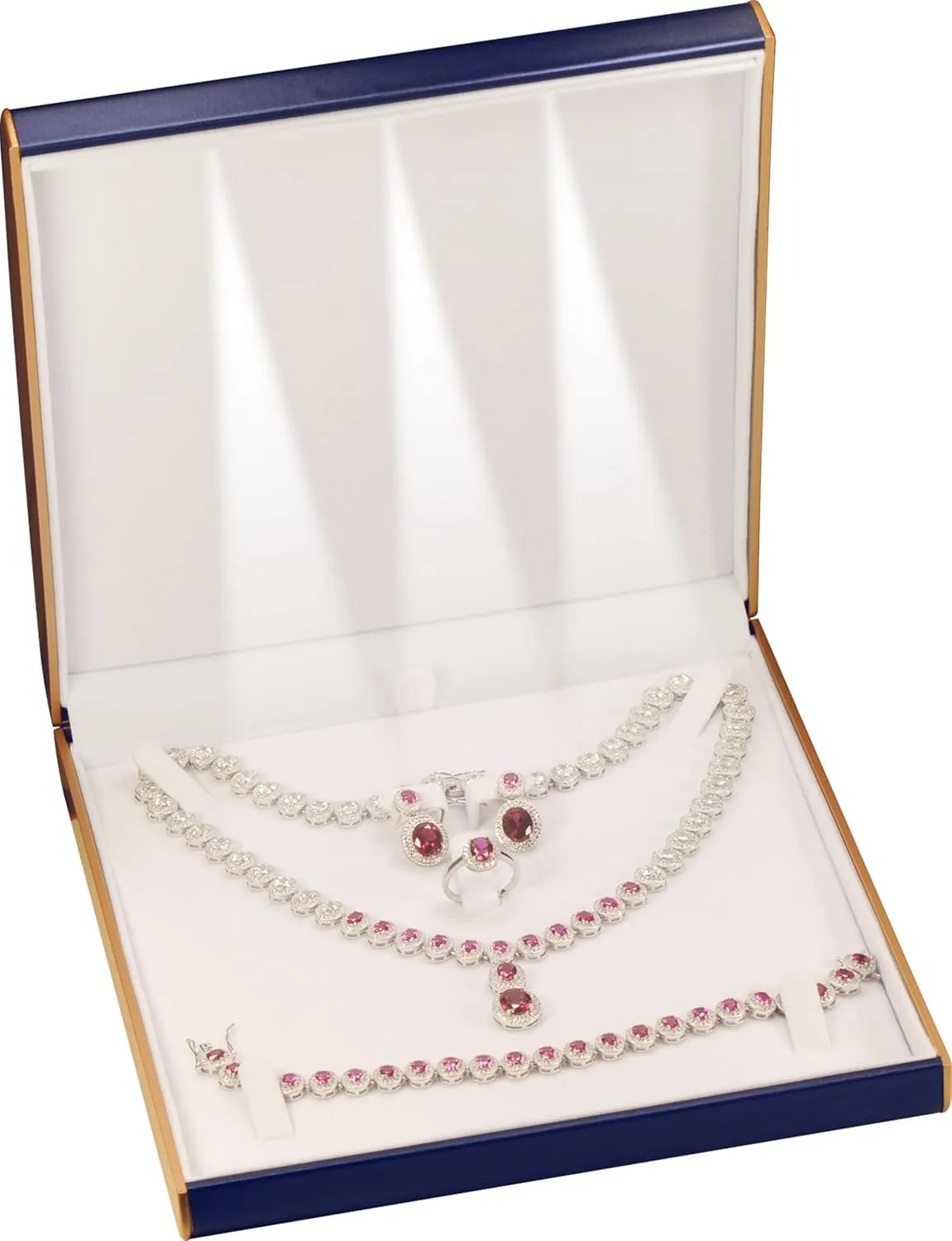LED Blue Extra Large Necklace Pendant Earrings Ring Bracelet Box Luxury PU Leather Dome Top Designed with Gold Color Painted on the Sides Big Jewelry Sets Gift Holder Box with Light for Men for Women(Blue)