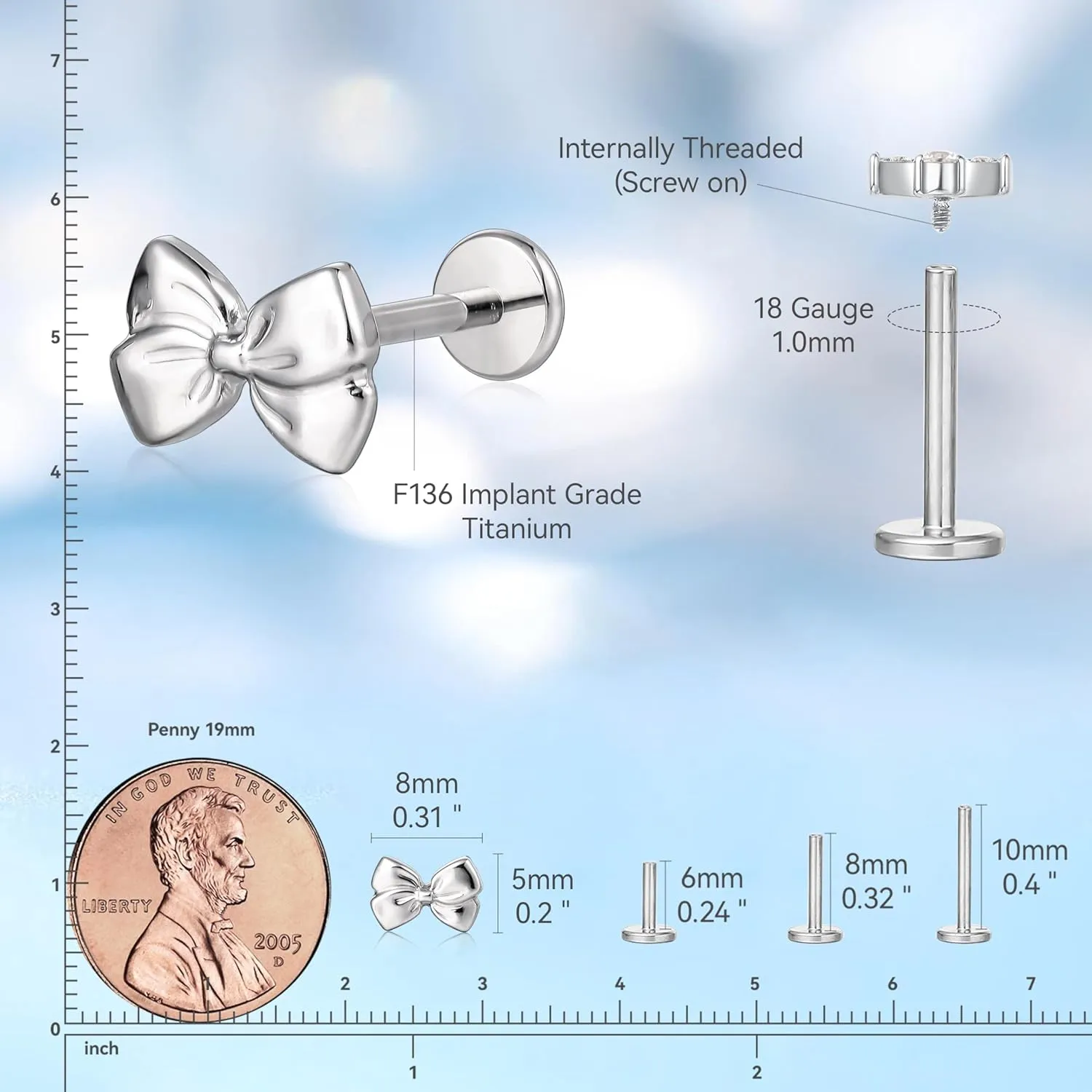 limerencia F136 Titanium Hypoallergenic Piercing Jewelry 18G 6mm 8mm 10mm Flat Back Internally Threaded Implant Grade Climber Stud Crawler Earrings For Cartilage,Tragus,Helix,Conch,Nose,Lip(1pc)