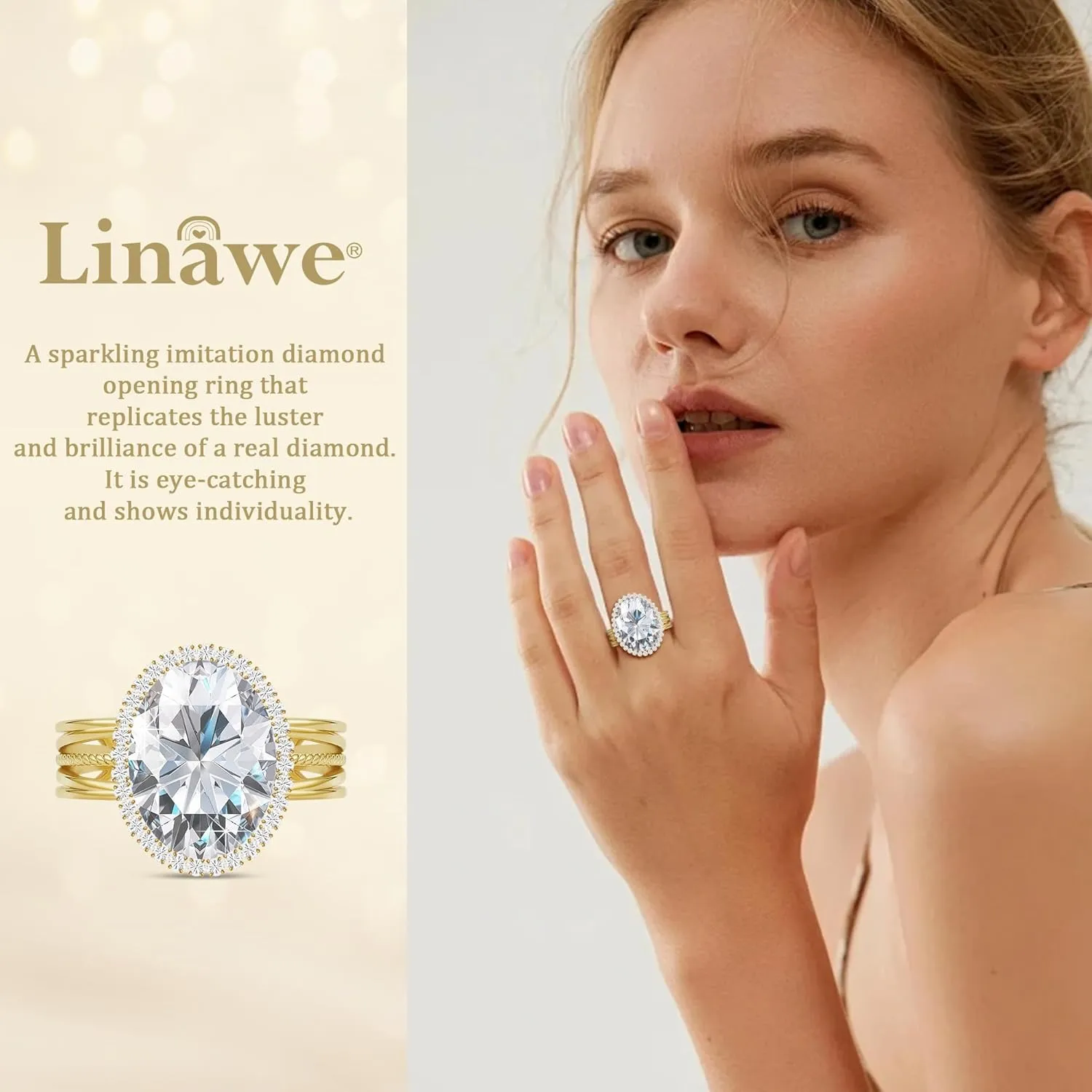 Linawe Birthstone Chunky Adjustable Rings for Women, Gold/Silver/Rose Gold Statement Rings, Imitation Diamond Fake Gemstone Crystal Cocktail Ring, Cubic Zirconia Costume Jewelry