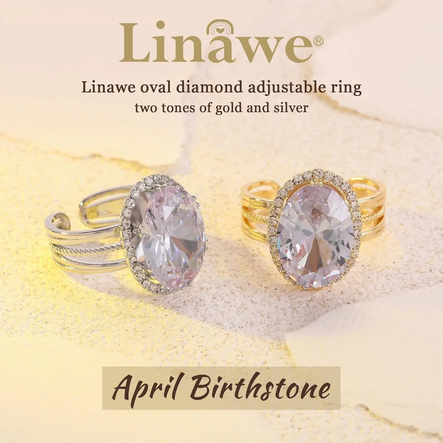 Linawe Birthstone Chunky Adjustable Rings for Women, Gold/Silver/Rose Gold Statement Rings, Imitation Diamond Fake Gemstone Crystal Cocktail Ring, Cubic Zirconia Costume Jewelry