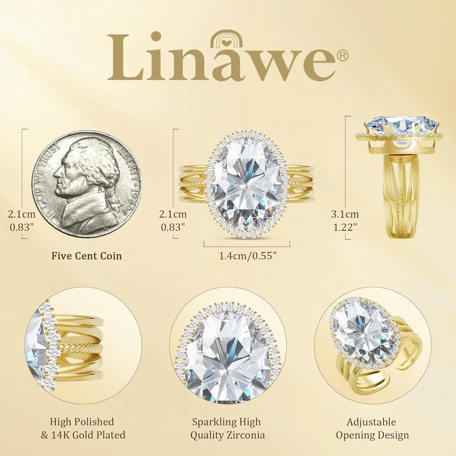 Linawe Birthstone Chunky Adjustable Rings for Women, Gold/Silver/Rose Gold Statement Rings, Imitation Diamond Fake Gemstone Crystal Cocktail Ring, Cubic Zirconia Costume Jewelry