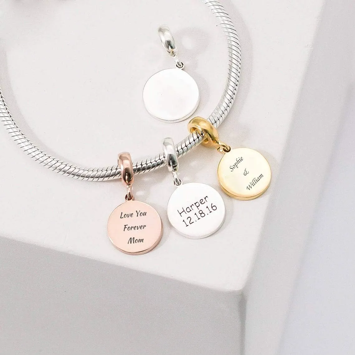 LONAGO Personalized Engraved Name Heart Charm 925 Sterling Silver/10K/14K/18K Solid Gold Fit Snake Bracelet Necklace Customized Handwriting Bead for Women Mom