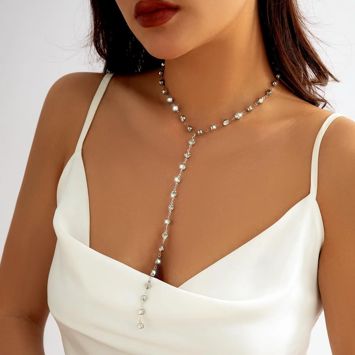 Long Y-Shaped Rhinestone Necklace for Women Trendy Gold Silver Lariat Y Shape Necklaces Layered Choker Stackable Fashion Dainty Aesthetic Jewelry Gifts