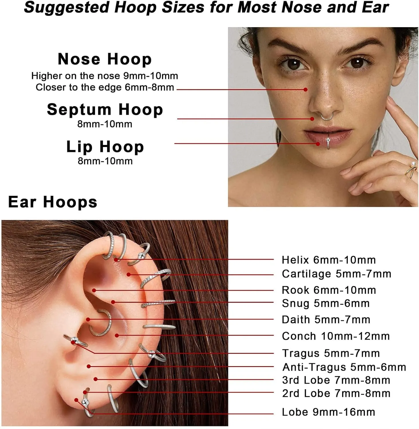 Longbeauty 16G Septum Clicker Nose Rings Hoops Helix Rook Conch Cartilage Daith Tragus Earrings Lobe Nose Piercing Jewelry for Women Men