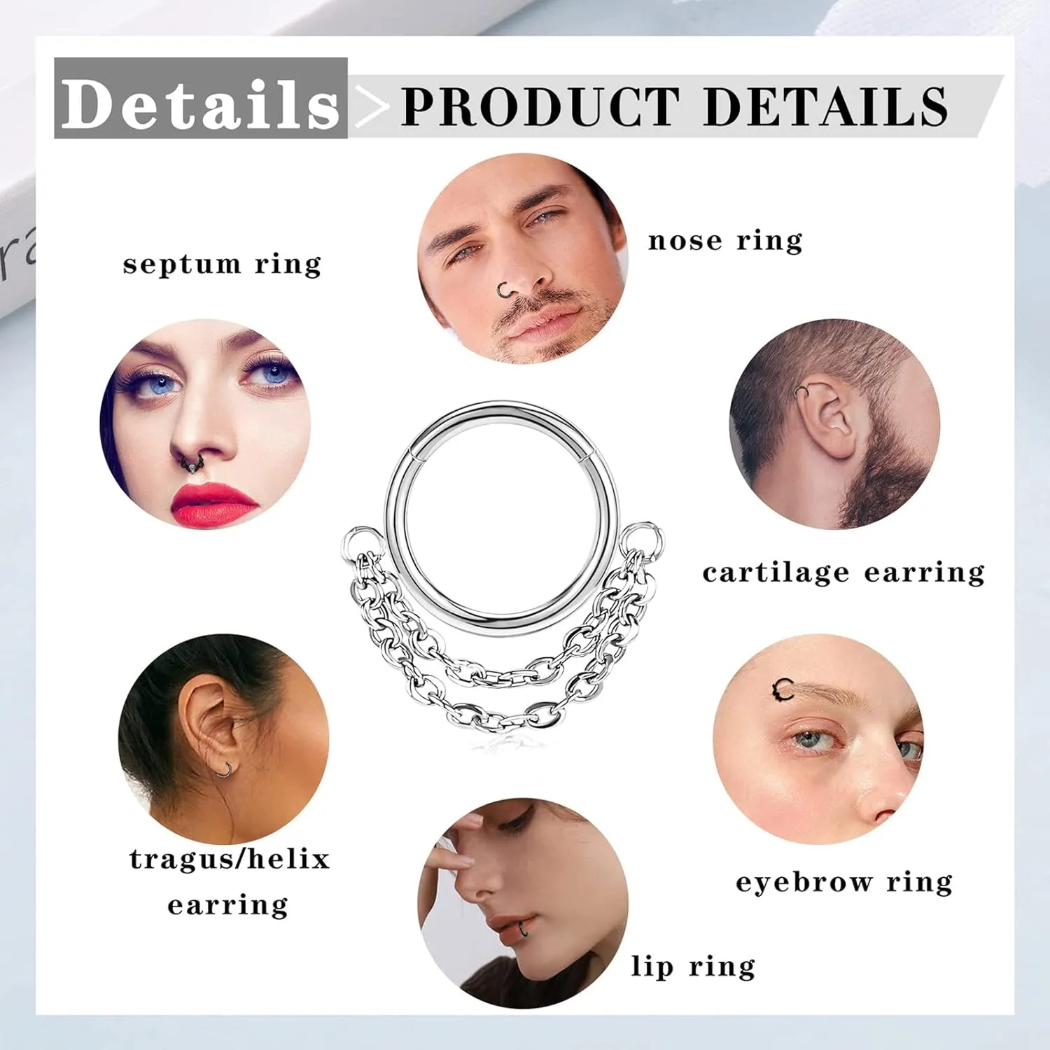 Longbeauty 16G Septum Clicker Nose Rings Hoops Helix Rook Conch Cartilage Daith Tragus Earrings Lobe Nose Piercing Jewelry for Women Men