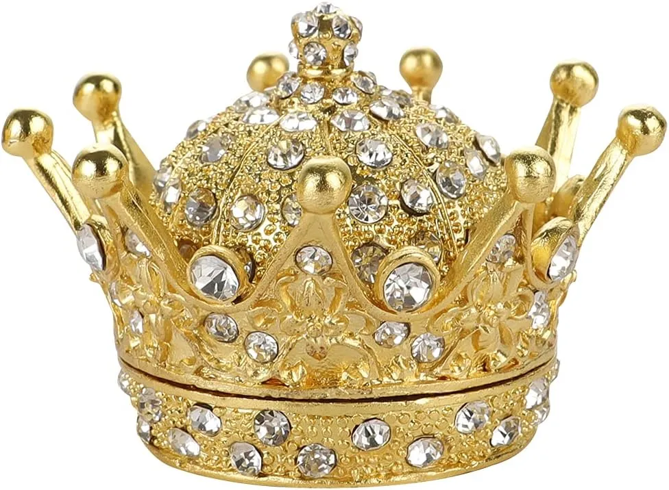 LONGSHENG - SINCE 2001 - Hand Painted Gold Crown Figurine Jewelry Trinket Box Wedding Favor Gift Ring Holder Desk Decor