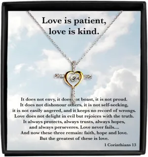 Love is Patient Love is Kind 1 Corinthians 13 Cross Pendant necklace with message card, Inspirational bible verse quote, Gift for Christian faith sterling silver jewelry for women men