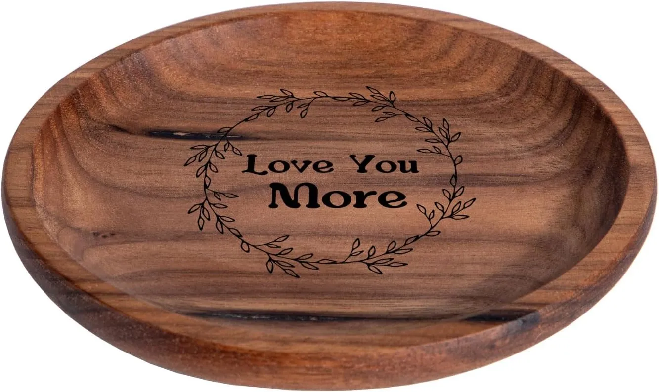 Love You More-Round Wooden Jewelry Tray 4.5 Inch Engraved Wooden Ring Dish Engagement Men Ring Tray Wedding Ring Holder