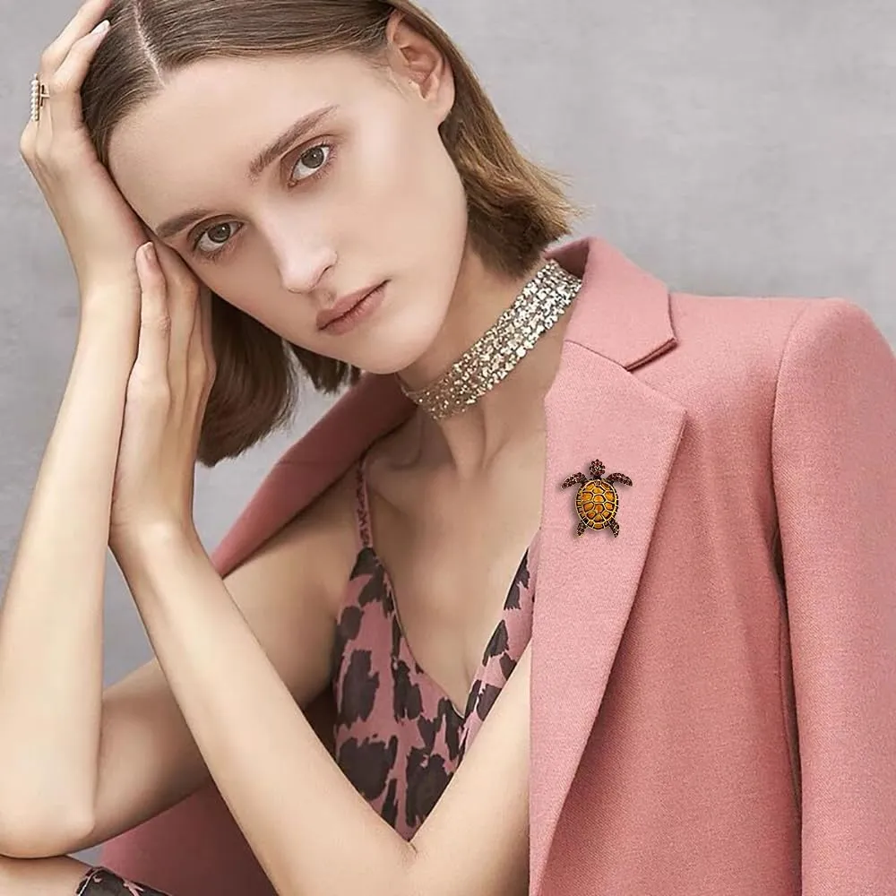 Lovely Turtle Lapel Brooch Pin Crystal Cubic Zirconia Sea Ocean Animal Pins Clip Collar Shirt Jacket Hat Badge Brooches Pins Dainty Jewelry Gifts for Women Girls Clothes Decoration