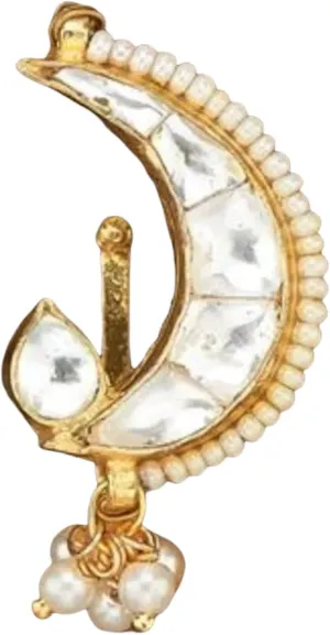 LoveNspire Kundan Classis Nose Ring for Women - Indian Marathi Bridal Nath Designer Moon Clip-on Nose Ring Faux Pearl with Gold Platting Bollywood Style Nath Non-Piercing Nose Accessory Gift for Her