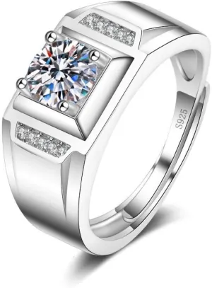 LRGKMCWTOB Men's Moissanite Diamond Ring White Gold Men Moissanite Ring Diamond Wedding Sterling Silver 18K White Gold Plated Clarity Brilliant Round Cut Moissanite Adjustable Opening Ring