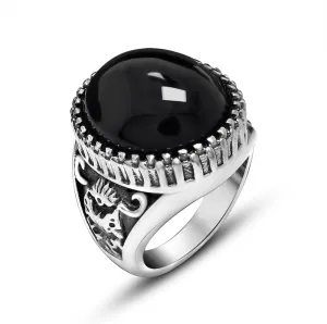 LRGKMCWTOB Vintage Relief Ring Black Agate Men's Overbearing Ring Natural Agate Ring for Men S925 Sterling Silver Black Agate Stone Ring Vintage Men's Ring Gothic Style Hand RingSize 9