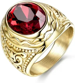 Lunxury Engraved Stainless Steel Mens Ring Red Synthetic Ruby Crystal Gold Color Wedding Band Rings