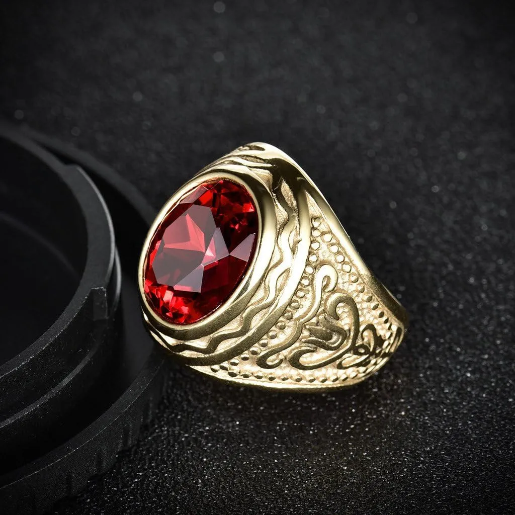 Lunxury Engraved Stainless Steel Mens Ring Red Synthetic Ruby Crystal Gold Color Wedding Band Rings