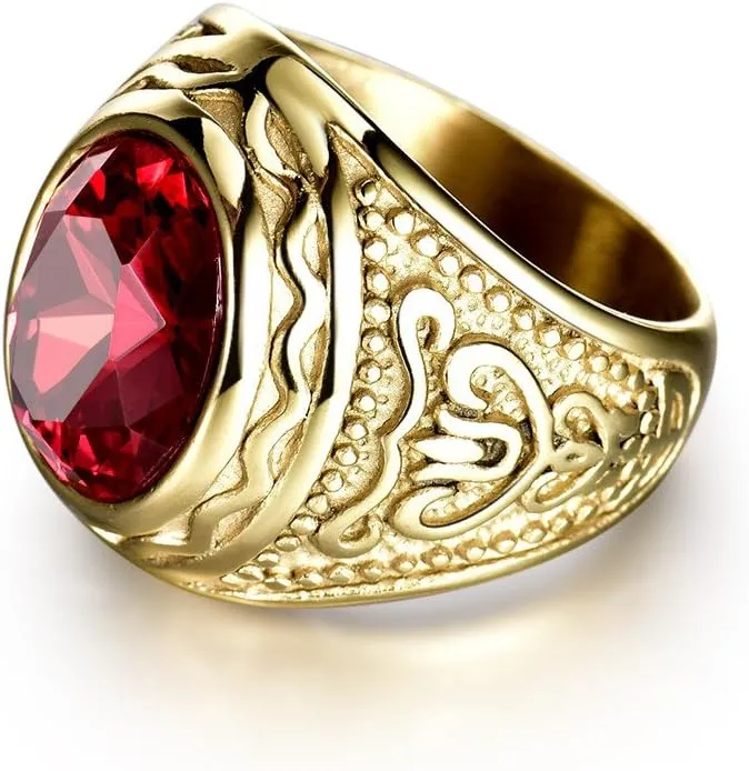 Lunxury Engraved Stainless Steel Mens Ring Red Synthetic Ruby Crystal Gold Color Wedding Band Rings