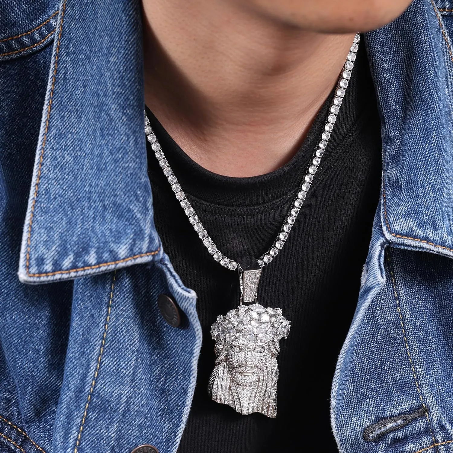 LuxeFlex Iced Out 5A Zircon Jesus Pendant Necklace for Men and Women, 14K Gold Plated Simulated Diamond Bling Cross Hip Hop Necklace