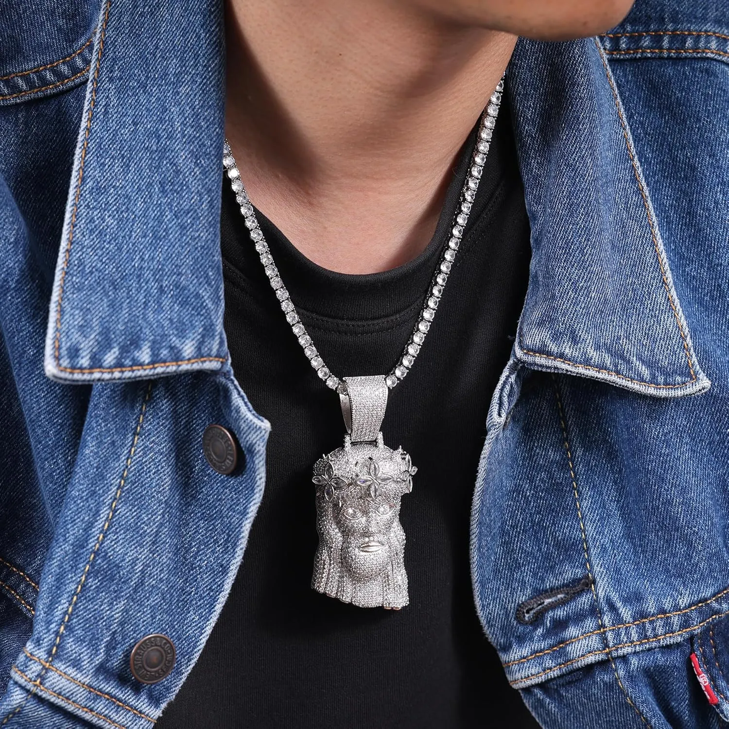 LuxeFlex Iced Out 5A Zircon Jesus Pendant Necklace for Men and Women, 14K Gold Plated Simulated Diamond Bling Cross Hip Hop Necklace