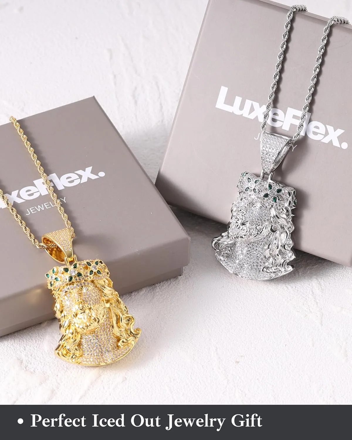 LuxeFlex Iced Out 5A Zircon Jesus Pendant Necklace for Men and Women, 14K Gold Plated Simulated Diamond Bling Cross Hip Hop Necklace