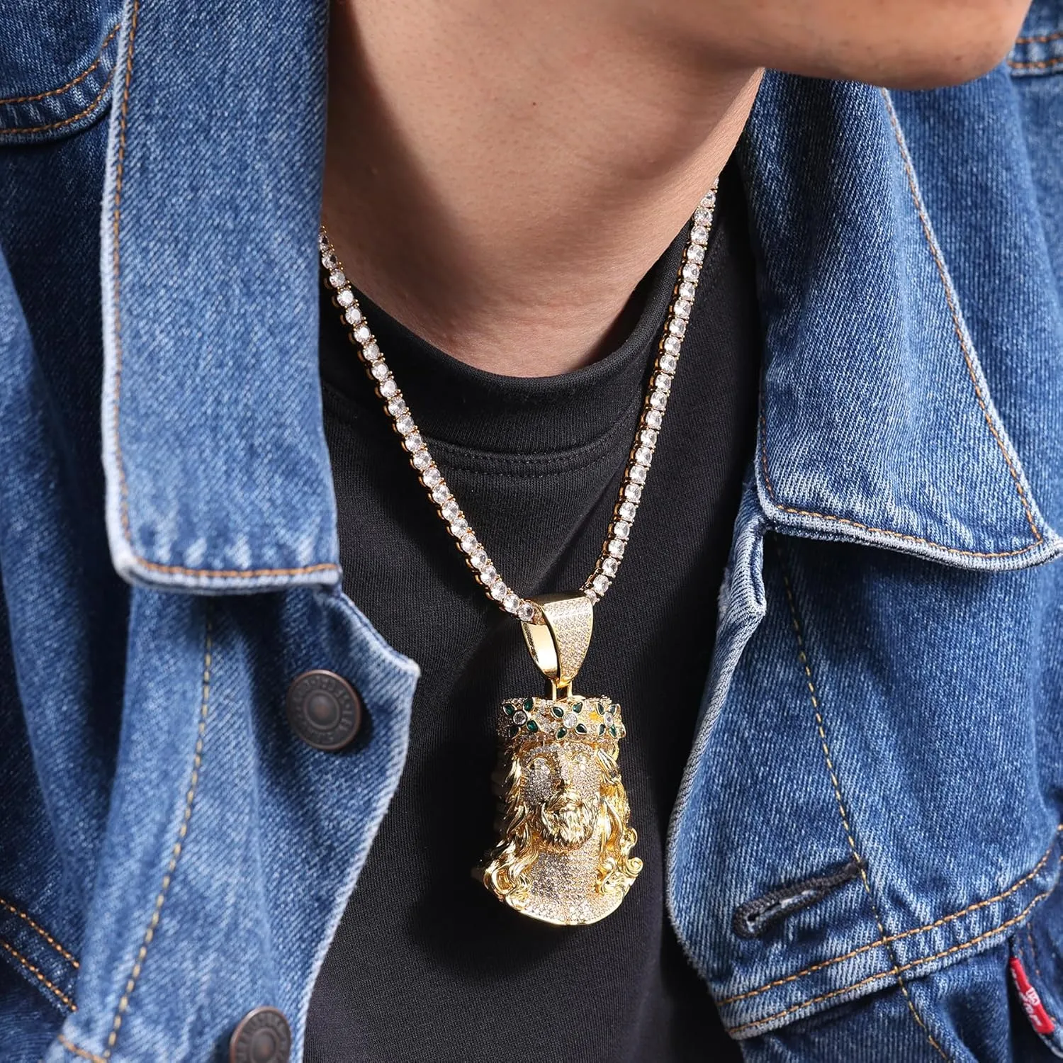 LuxeFlex Iced Out 5A Zircon Jesus Pendant Necklace for Men and Women, 14K Gold Plated Simulated Diamond Bling Cross Hip Hop Necklace