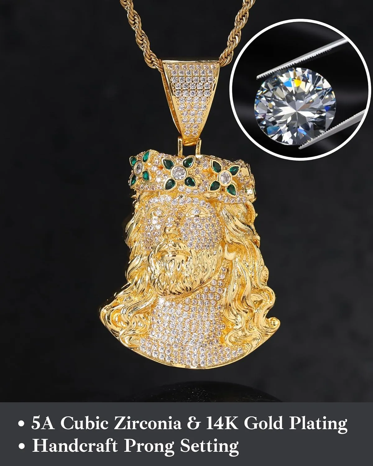 LuxeFlex Iced Out 5A Zircon Jesus Pendant Necklace for Men and Women, 14K Gold Plated Simulated Diamond Bling Cross Hip Hop Necklace