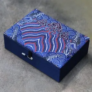 Luxury Chinese Silk Brocade Jewelry Box Rectangle Cotton Filled Tie Gift Packaging Boxes Long Necklace Sweater chain Accessories Storage Cases 5.51x3.94x1.77 inch (blue wave (2 pcs))