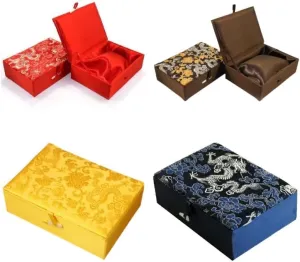 Luxury Chinese Silk Brocade Jewelry Box Rectangle Cotton Filled Tie Gift Packaging Boxes Long Necklace Sweater chain Accessories Storage Cases 5.51x3.94x1.77 inch (Mixed Color (2 pcs))