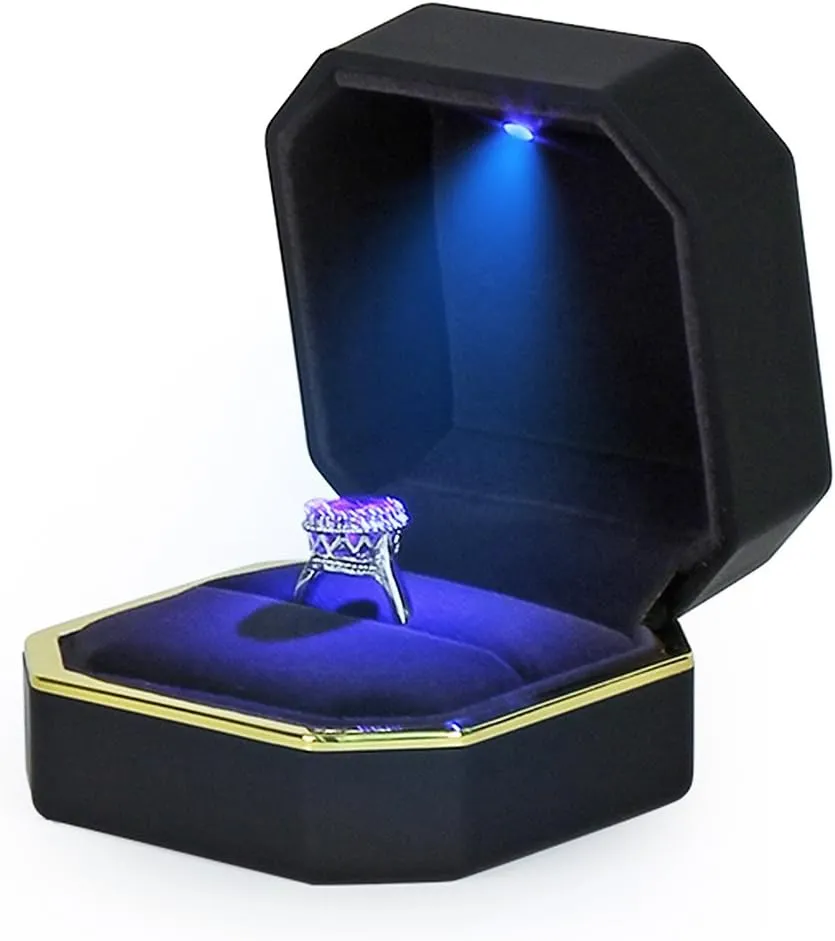 Luxury Ring Box, Square Velvet Wedding Ring Case Jewelry Gift Box with LED Light for Proposal Engagement Wedding, Black