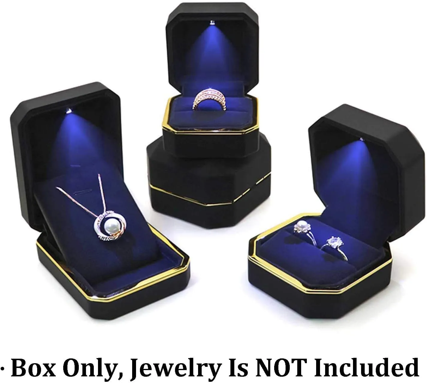 Luxury Ring Box, Square Velvet Wedding Ring Case Jewelry Gift Box with LED Light for Proposal Engagement Wedding, Black