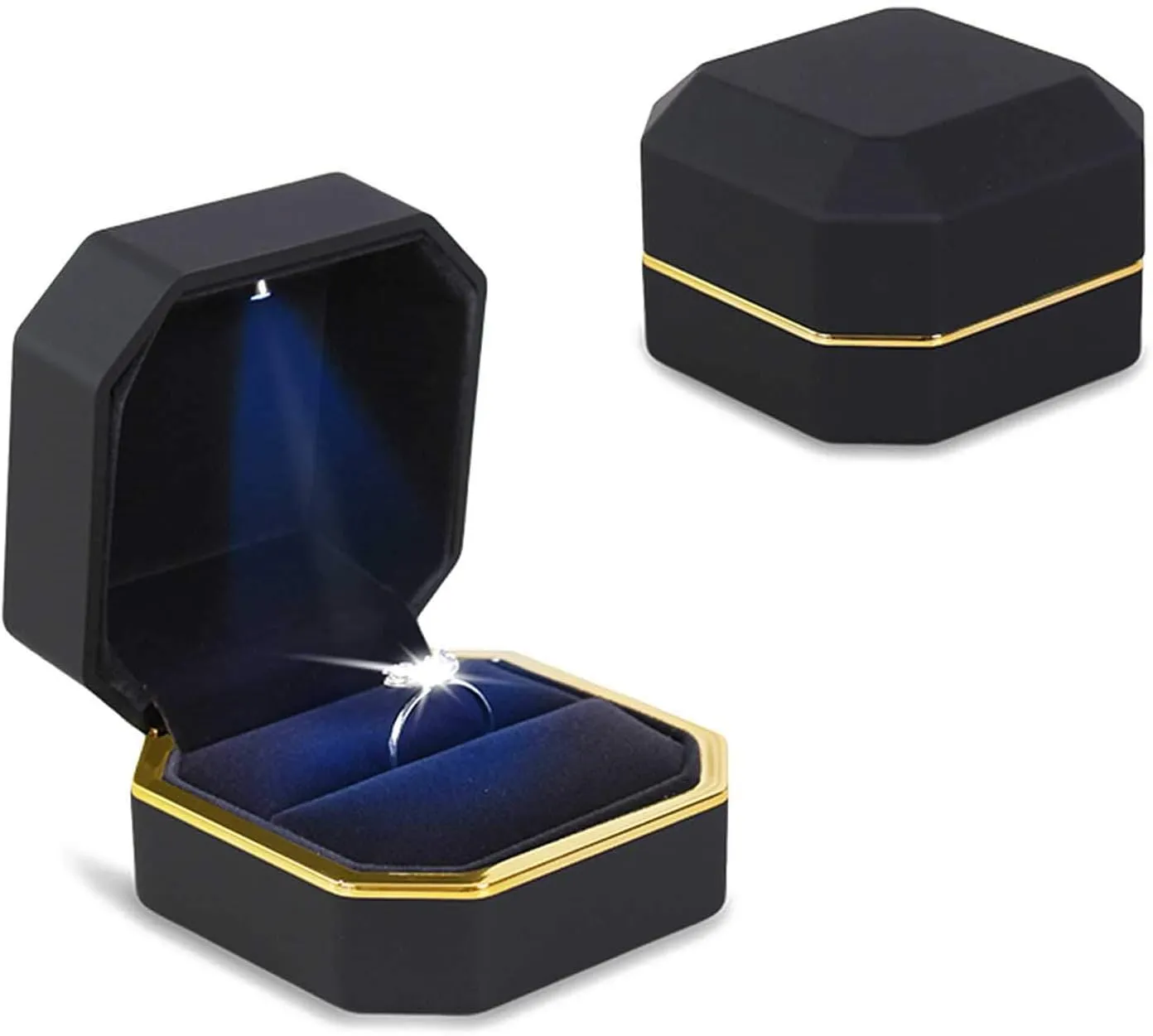 Luxury Ring Box, Square Velvet Wedding Ring Case Jewelry Gift Box with LED Light for Proposal Engagement Wedding, Black