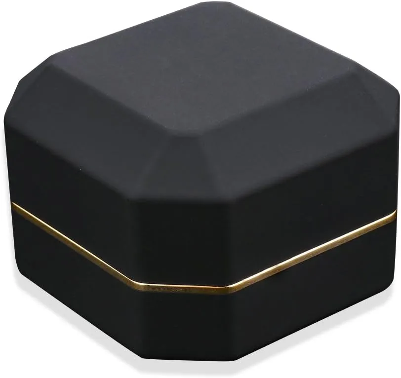 Luxury Ring Box, Square Velvet Wedding Ring Case Jewelry Gift Box with LED Light for Proposal Engagement Wedding, Black