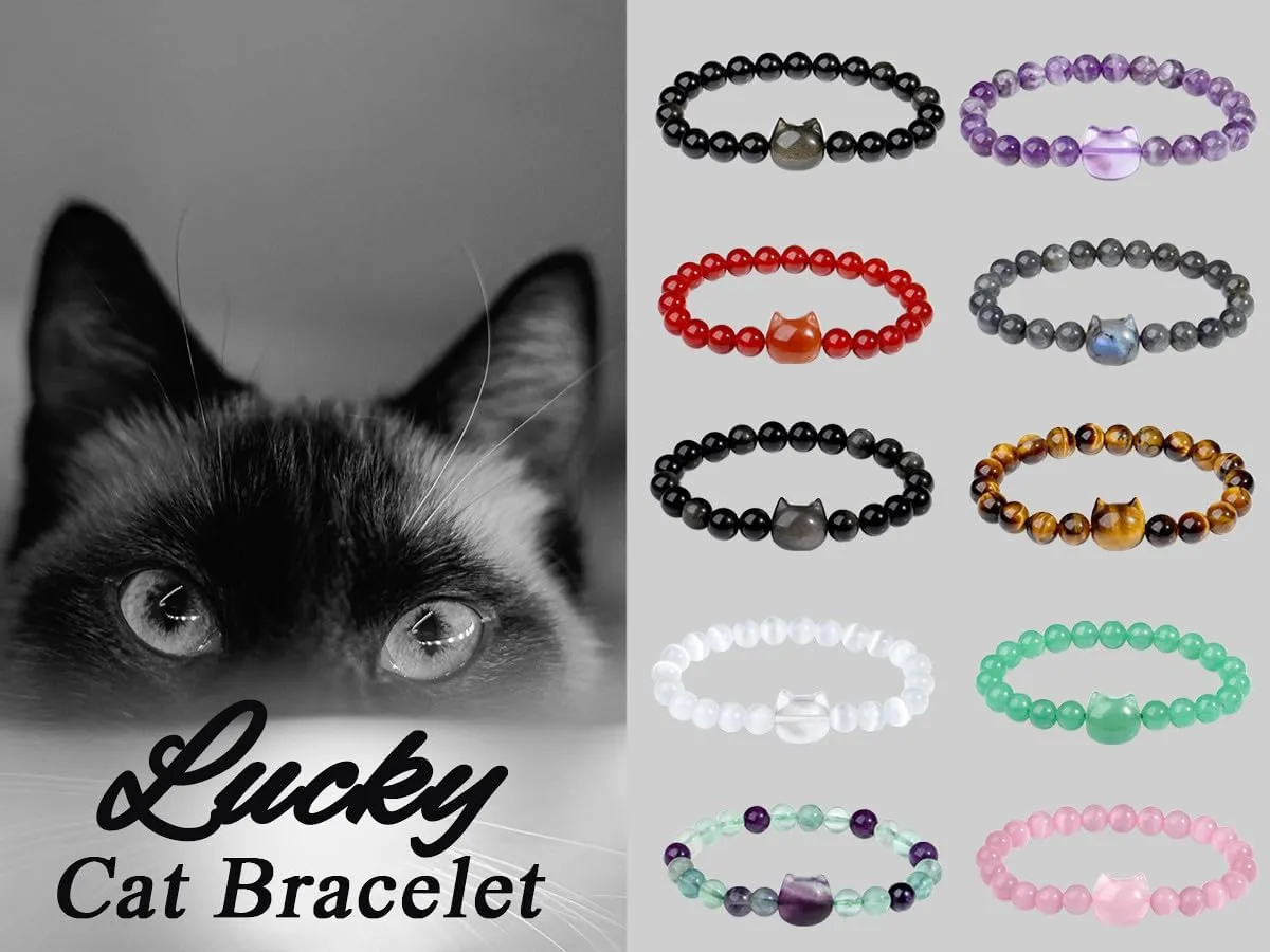 MAIBAOTA Cat Bracelet, Cat Jewelry Gifts for Women Men, 8 mm Crystal Bracelet for Good Luck, Money Attraction, Natural Stone Beaded Bracelet, Cat Gifts for Cat Lovers