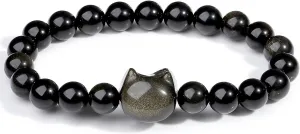 MAIBAOTA Cat Bracelet, Cat Jewelry Gifts for Women Men, 8 mm Crystal Bracelet for Good Luck, Money Attraction, Natural Stone Beaded Bracelet, Cat Gifts for Cat Lovers