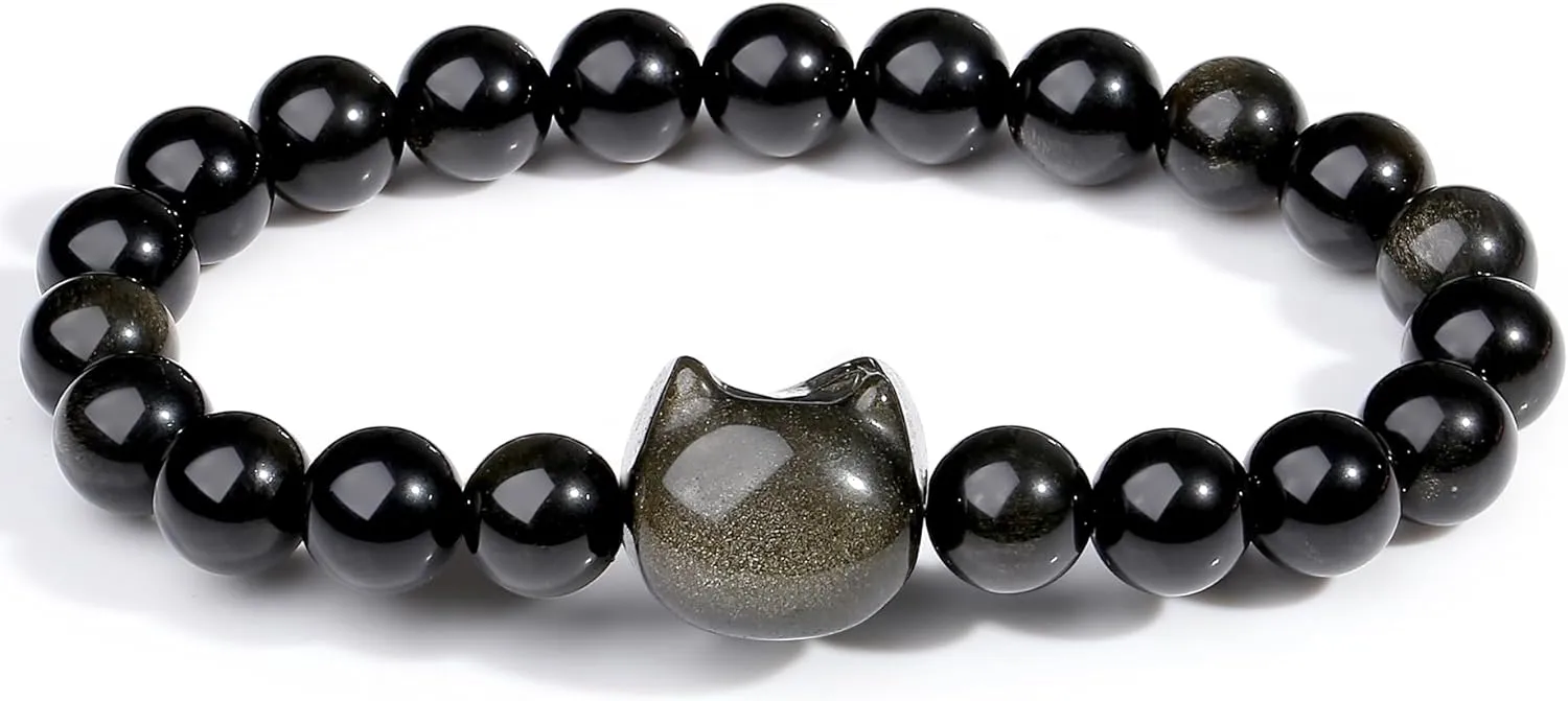 MAIBAOTA Cat Bracelet, Cat Jewelry Gifts for Women Men, 8 mm Crystal Bracelet for Good Luck, Money Attraction, Natural Stone Beaded Bracelet, Cat Gifts for Cat Lovers