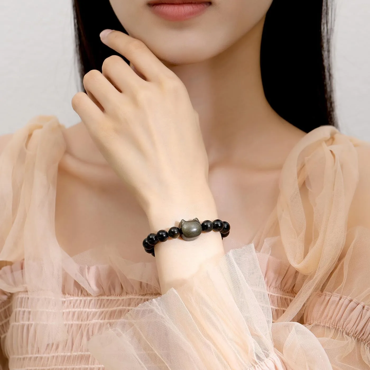 MAIBAOTA Cat Bracelet, Cat Jewelry Gifts for Women Men, 8 mm Crystal Bracelet for Good Luck, Money Attraction, Natural Stone Beaded Bracelet, Cat Gifts for Cat Lovers