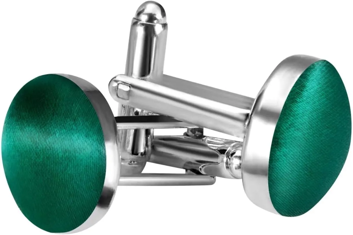 MANSPHIL Silk Forest Green Mens Cufflinks, Tuxedo Shirt Cuff Links for Grooms Wedding Business, 0.7" Diameter Round, Stainless Steel