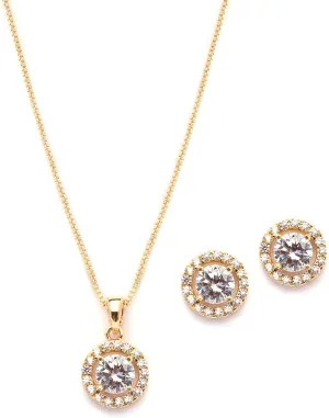 Mariell Bridal Wedding Necklace Set, Cubic Zirconia Pendant Necklace and Stud Earrings, Gold Jewelry Set
