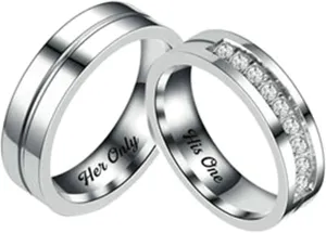 Matching Promise Rings for Couples, Her Only His One Cubic Zirconia Rings Set Stainless Steel Promise Rings Set for Him and Her Silver